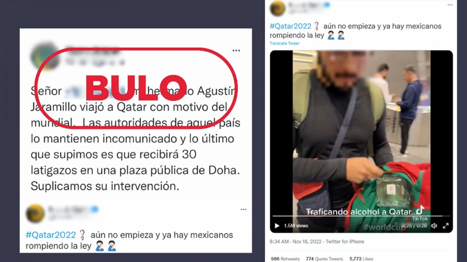 Mensajes que reproducen el bulo de que Catar ha condenado a 30 latigazos a un mexicano por llevar alcohol al Mundial. Con el sello bulo.