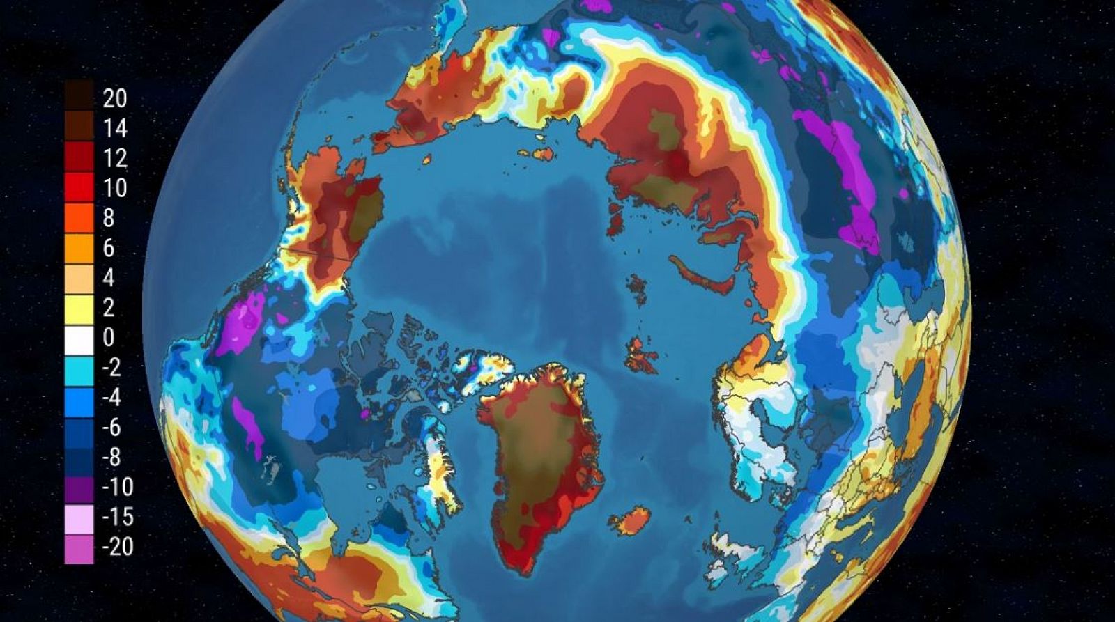 Anomalia de temperatura a l'Àrtic en ºC (RTVE)