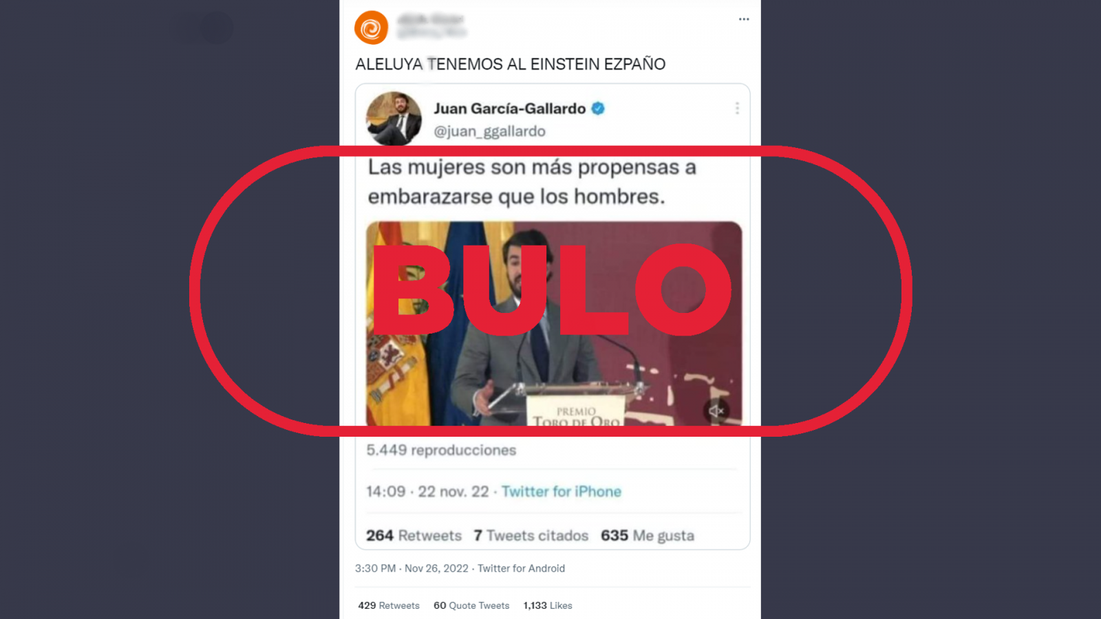 Mensaje que difunde el bulo con declaraciones falsas atribuidas a García-Gallardo, con el sello 'bulo' en rojo