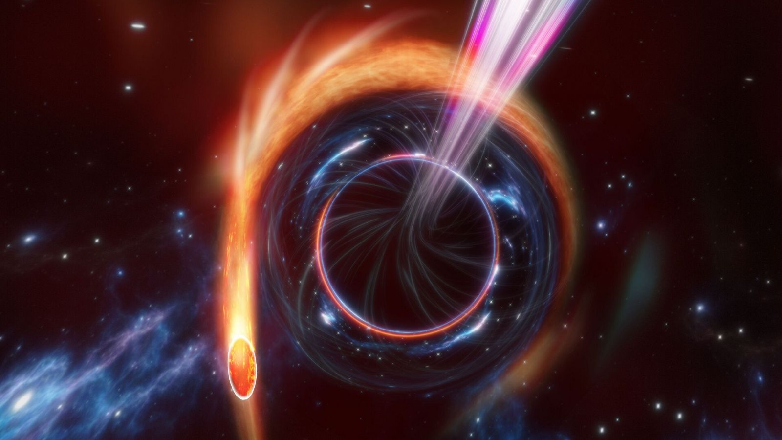 Recreación artística de un agujero negro supermasivo devorando una estrella