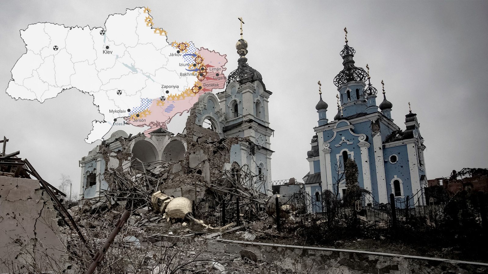 Imagen de los restos de una iglesia ortodoxa en Bohorodychne, una localidad de Donetsk