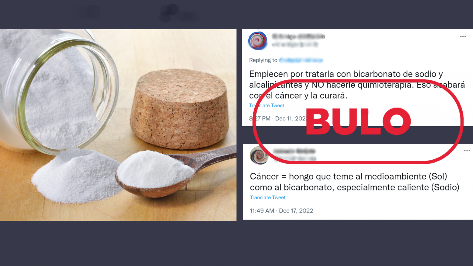 Mensajes de Twitter que difunden la falsa idea de que el bicarbonato de sodio cura el cáncer, con el sello bulo en rojo de VerificaRTVE