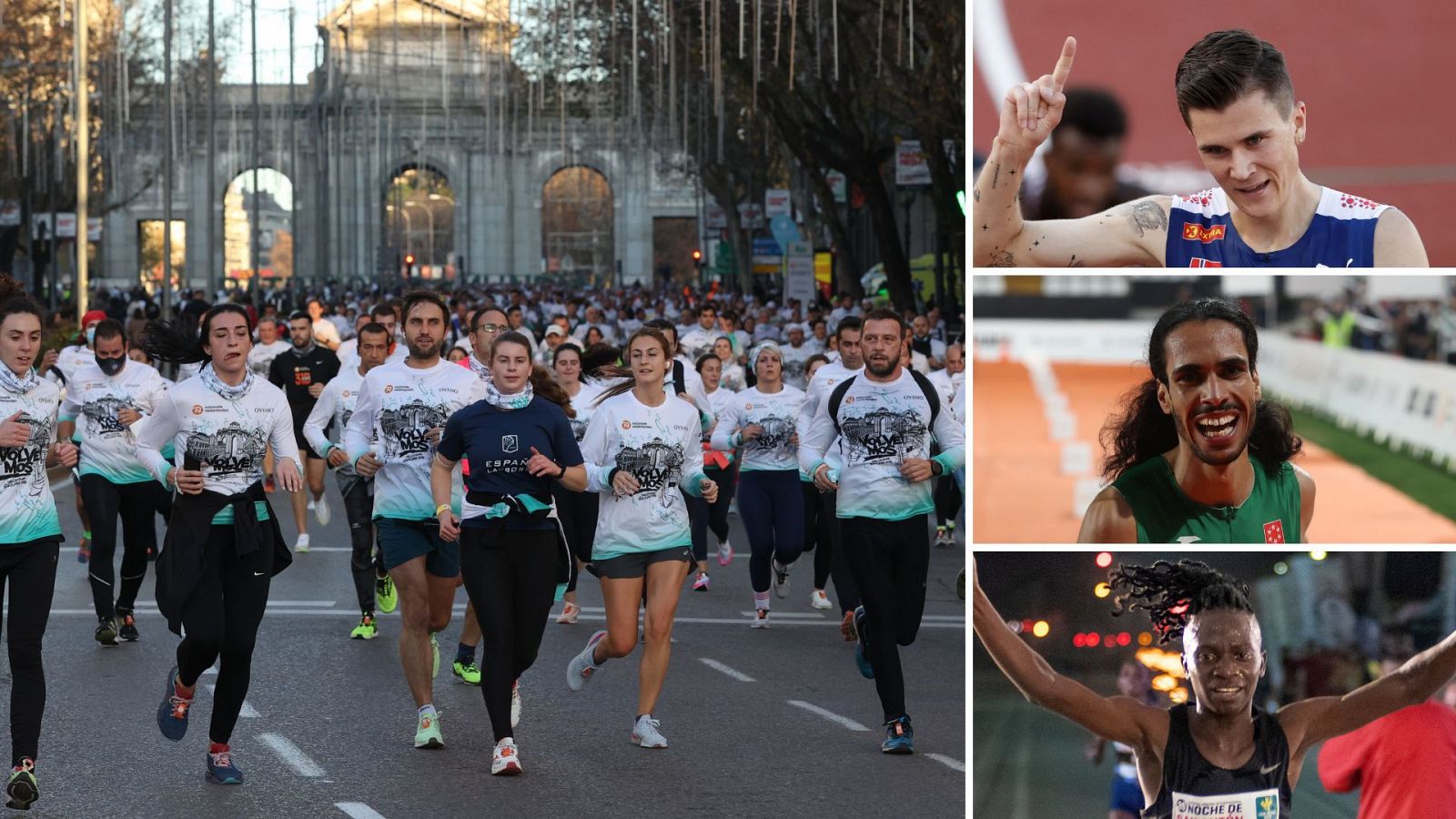 Un momento de la San Silvestre Vallecana 2021 con la Puerta de Alcalá al fondo. A la derecha, de arriba abajo: Jakob Ingebrigtsen, Mo Katir y Francine Niyonsaba