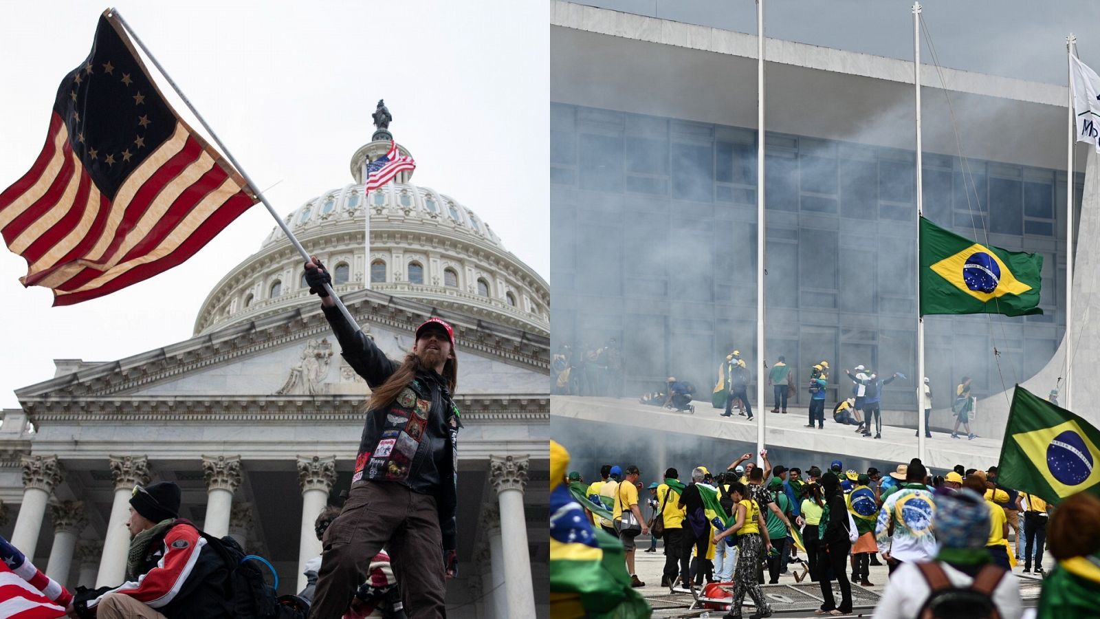 Combo de fotografías que muestra, a la izquierda, a dos manifestantes durante el asalto al Capitolio, y a la derecha, el asalto por parte de manifestantes bolsonaristas al Congreso de Brasil