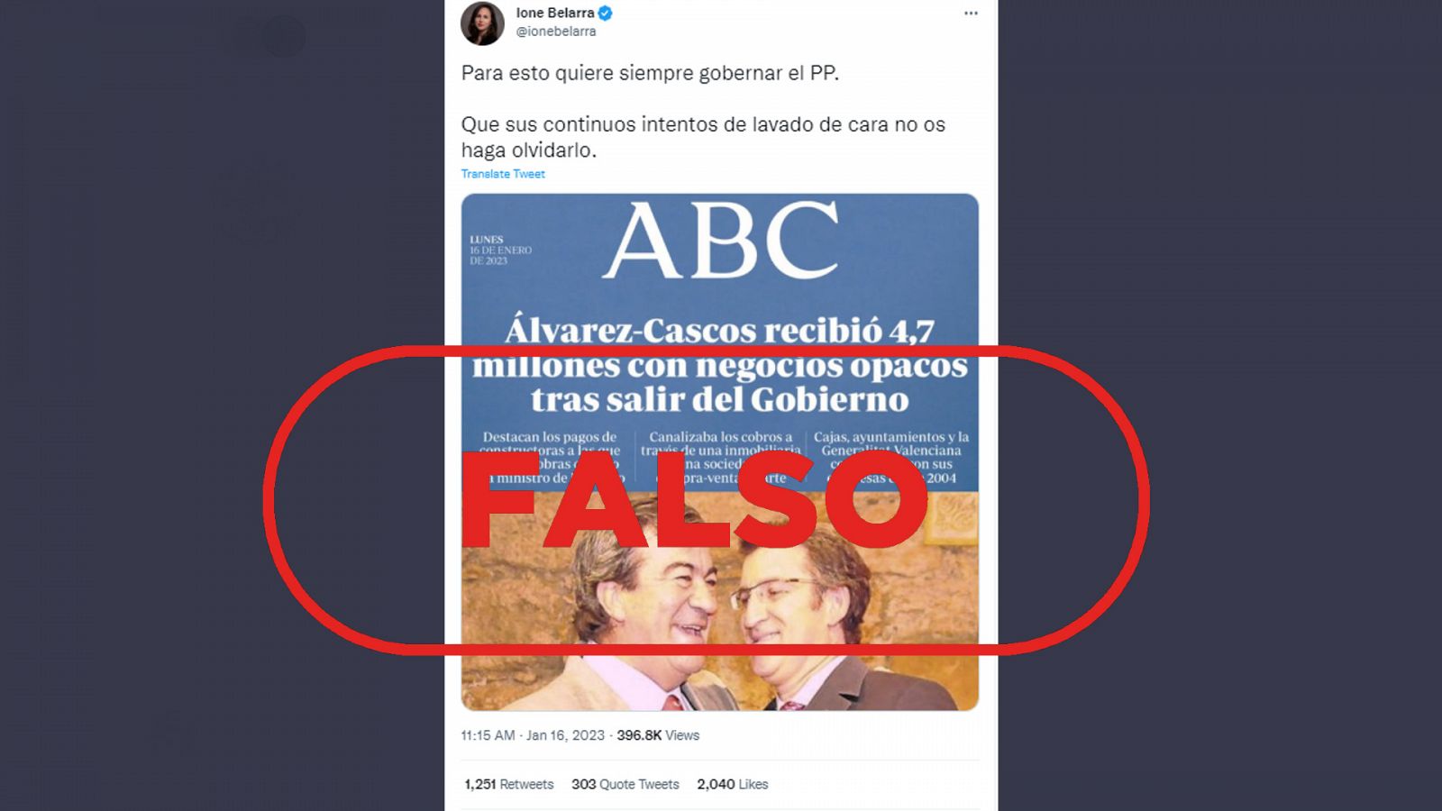 Tuit de la ministra Ione Belarra que comparte una portada manipulada con una imagen de Alberto Núñez Feijóo. Con el sello falso.