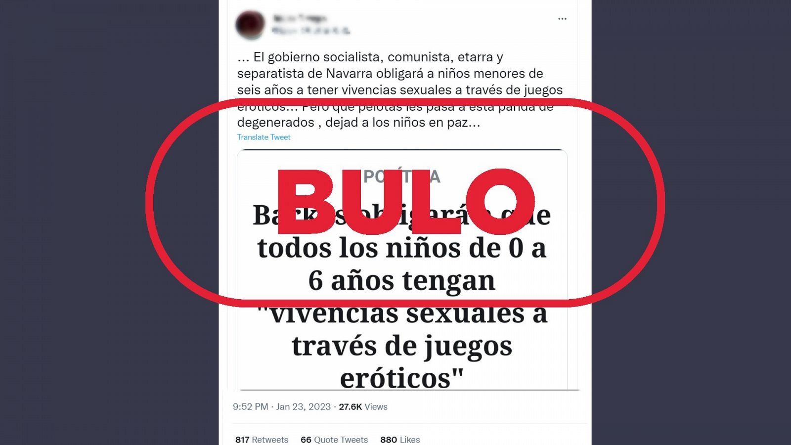 Mensaje que difunde el bulo sobre el programa Skolae, con el sello 'Bulo' en rojo