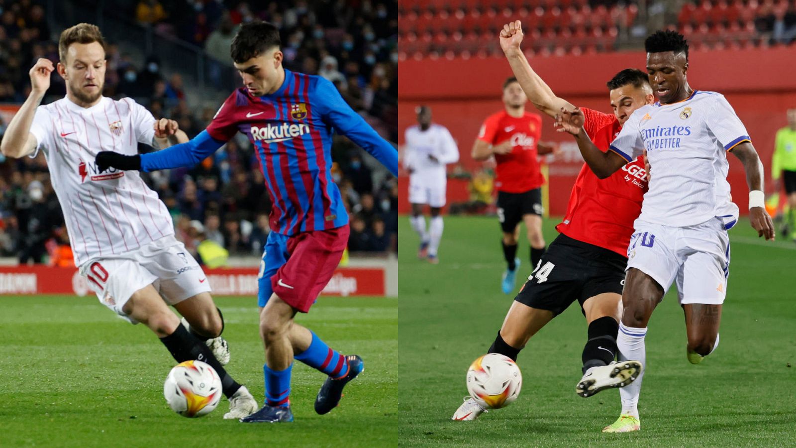 Fotocomposición con lances de los partidos Barcelona - Sevilla (i) y Real Madrid - Mallorca de la pasada Liga