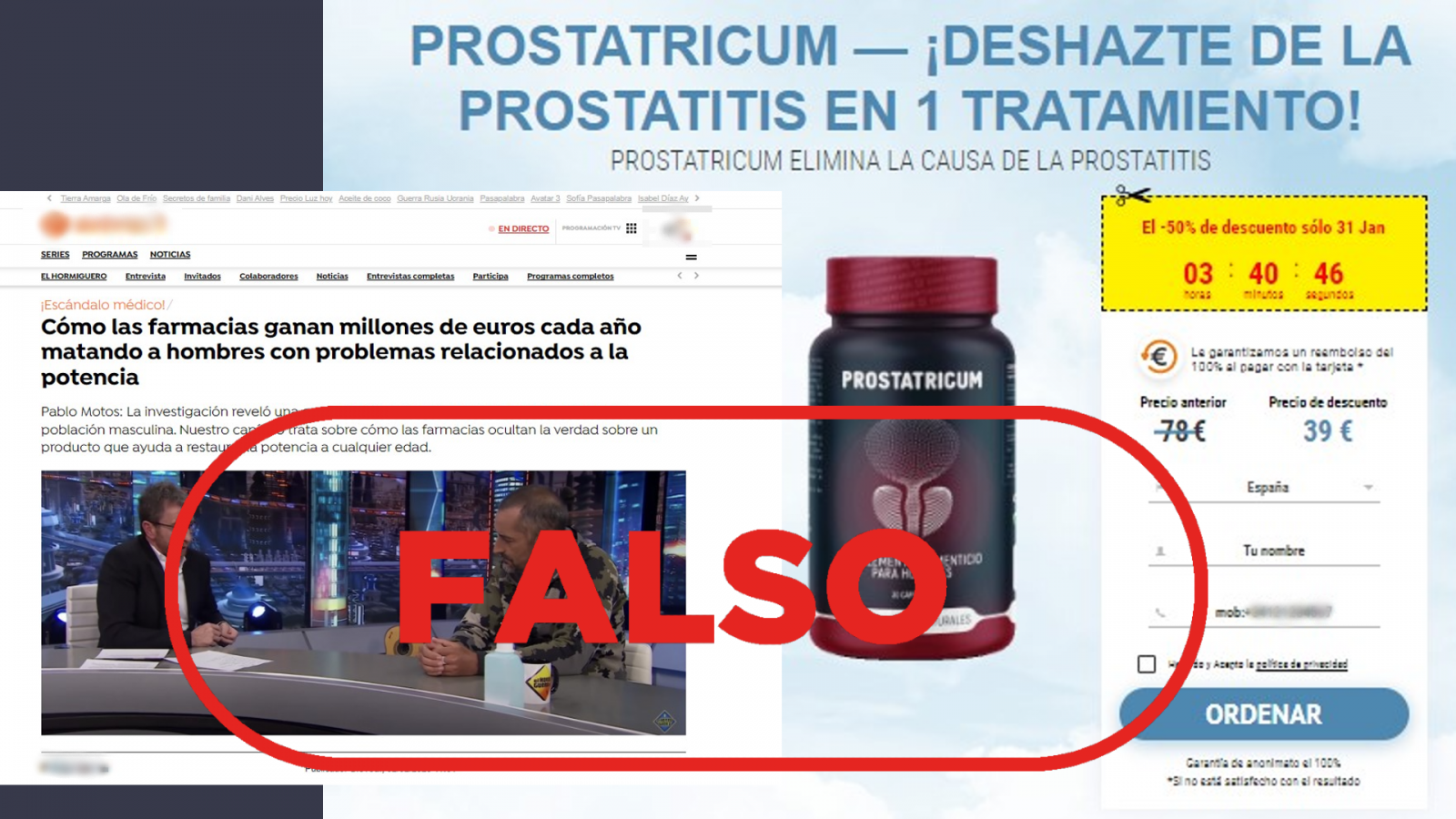 Imágenes de dos portales web que difunden un falso remedio contra la impotencia y la prostatitis llamado Prostatricum. Con el sello falso.