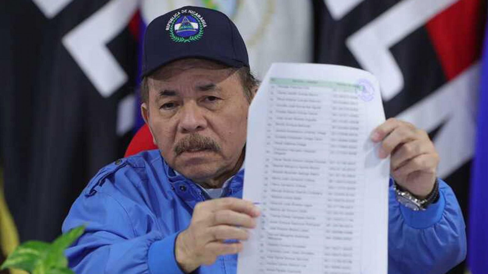 El presidente de Nicaragua, Daniel Ortega, muestra la lista de los 222 presos políticos excarcelados y expulsados a EE.UU.