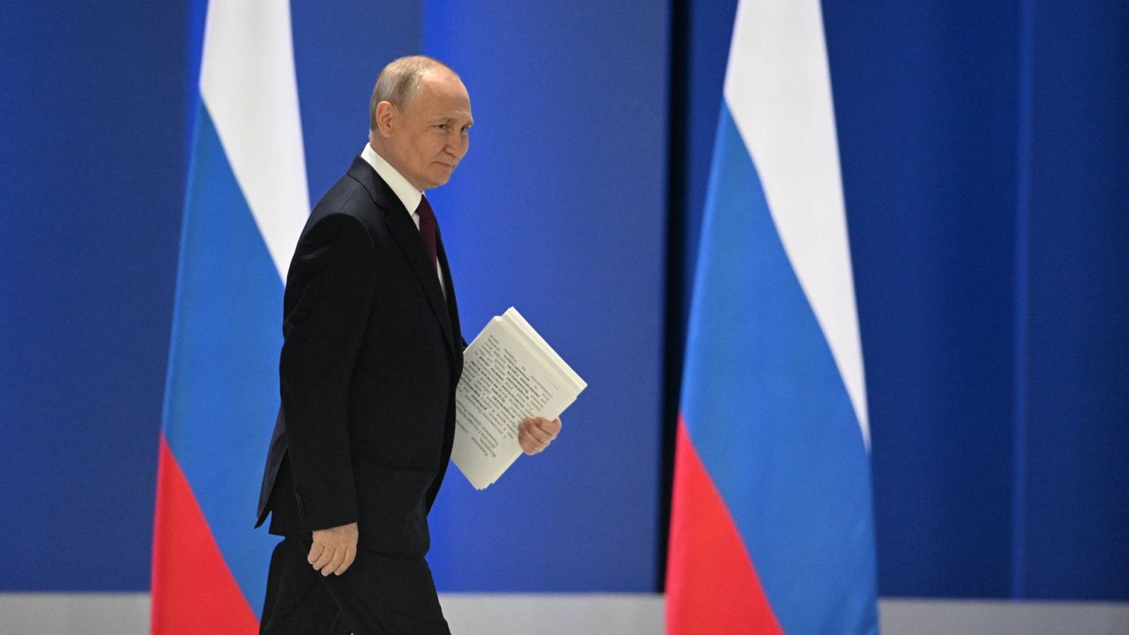 El presidente ruso, Vladímir Putin, durante su discurso de este martes ante la Asamblea Federal. EFE/EPA/PAVEL BEDNYAKOV / SPUTNIK / Pool del Kremlin
