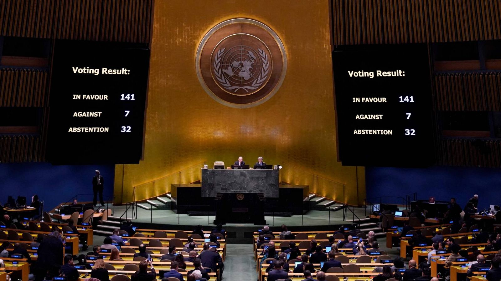Una imagen de los resultados de la votación de la resolución de condena contra Rusia en la Asamblea General de la ONU.