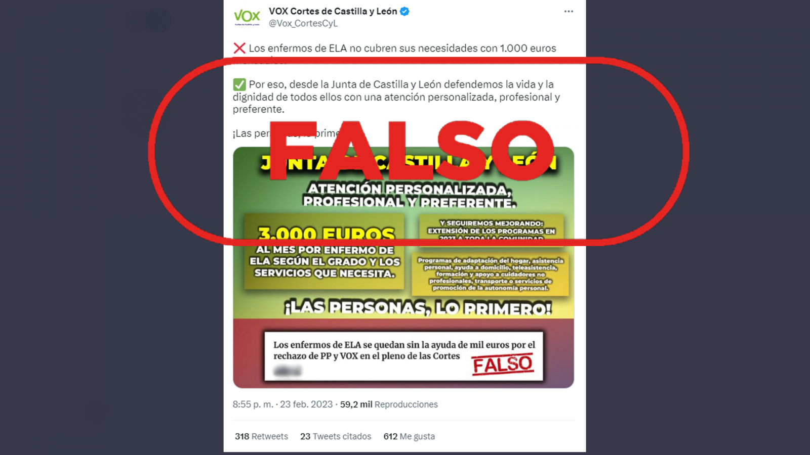Imagen que difunde la falsedad de que los enfermos de ELA de Castilla y León reciben 3.000 euros mensuales en ayudas, con el sello 'falso' en rojo