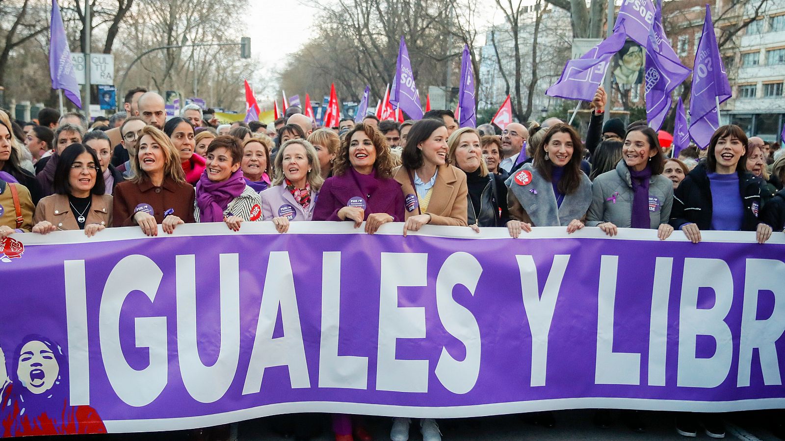 Las ministras del PSOE en la manifestación organizada con motivo del Día de la Mujer, este miércoles en Madrid