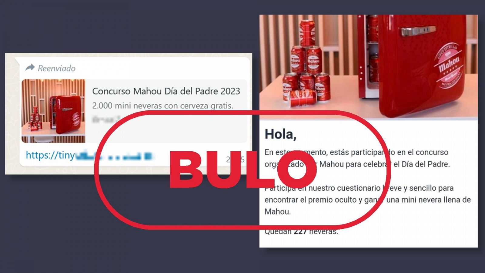 Captura del mensaje de WhatsApp que suplanta a Mahou y promociona un concurso falso con el sello Bulo