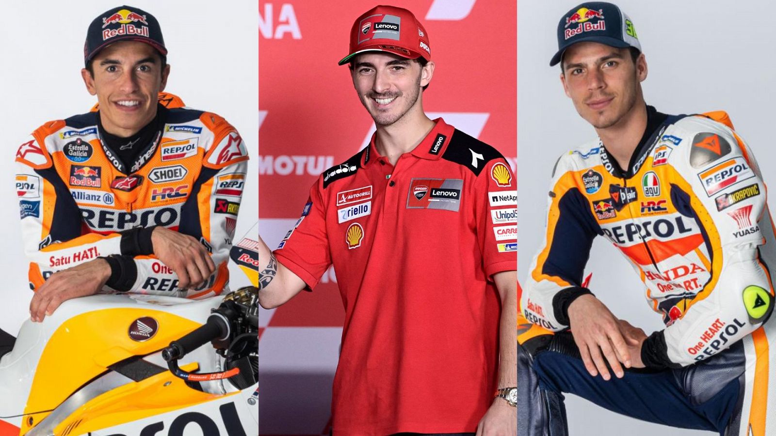 MotoGP: Marc Márquez, Pecco Bagnaia y Joan Mir.