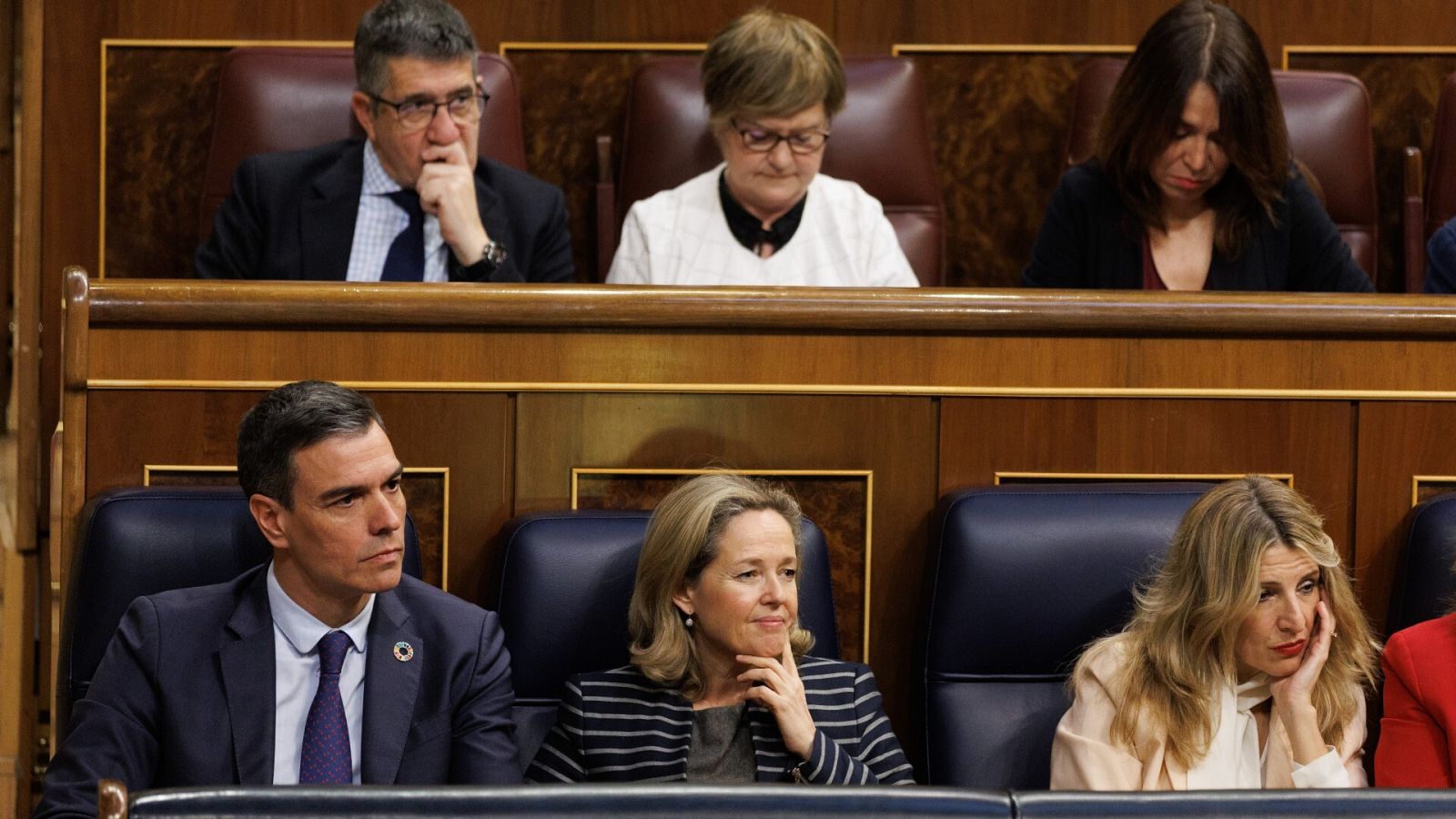 Sánchez, Calviño y Díaz en el Congreso durante la moción de censura