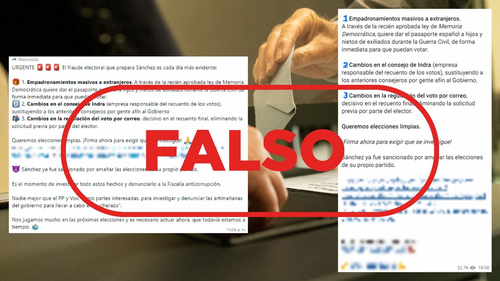 Mensajes en WhatsApp y Telegram que reproducen las falsedades de que Indra es la responsable del recuento de votos y de que eliminar el voto rogado implica fraude. Con el sello FALSO en rojo.