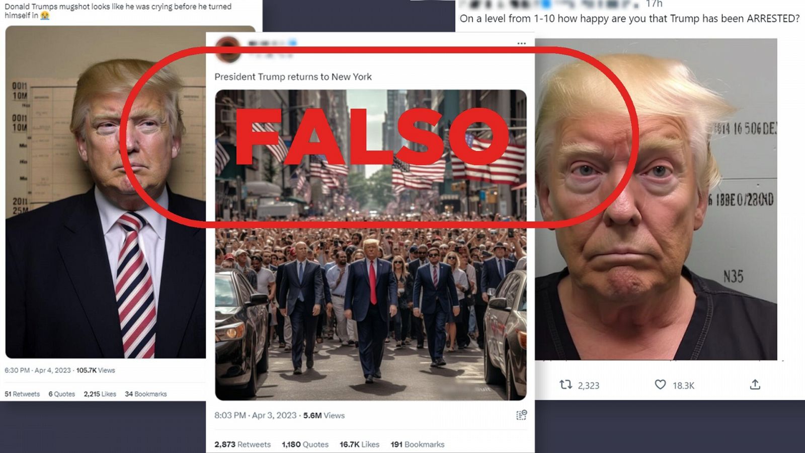 Tuits que difunden las imágenes falsas de Donald Trump generadas con Inteligencia Artificial. Con el sello rojo falso.