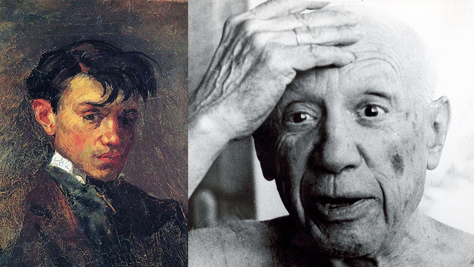 Un dels autoretrats que es va fer Picasso, de jove, i una foto quan ja era gran i un pintor consagrat