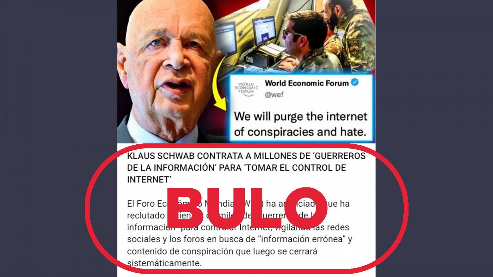 Mensaje que difunde el bulo de que el Foro Económico Mundial ha contratado a millones de guerreros de la información. Con el sello rojo bulo