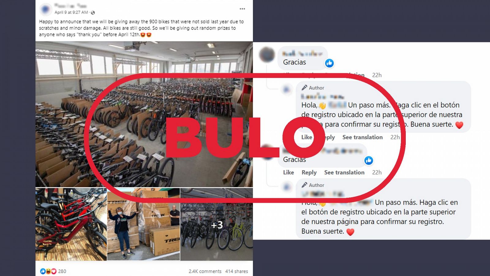 Publicación de Facebook que suplanta la identidad de Carrefour para promocionar un falso sorteo de 900 bicicletas. Con el sello 'bulo' en rojo.