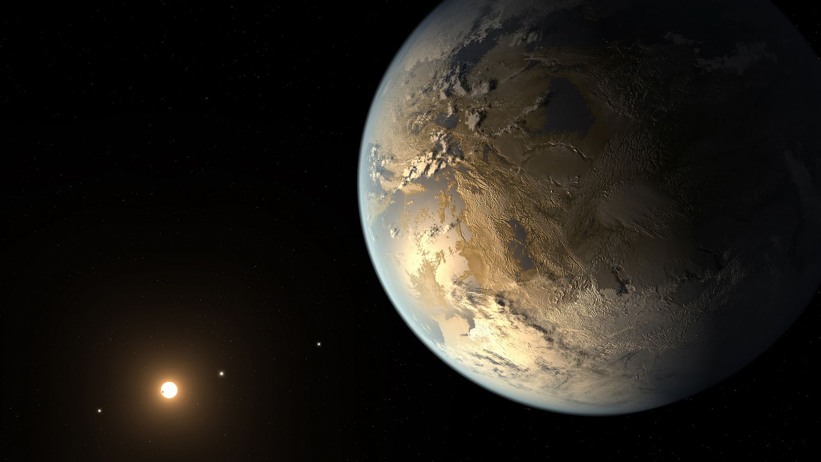 Artists concept of Kepler-186f orbiting a distant star.