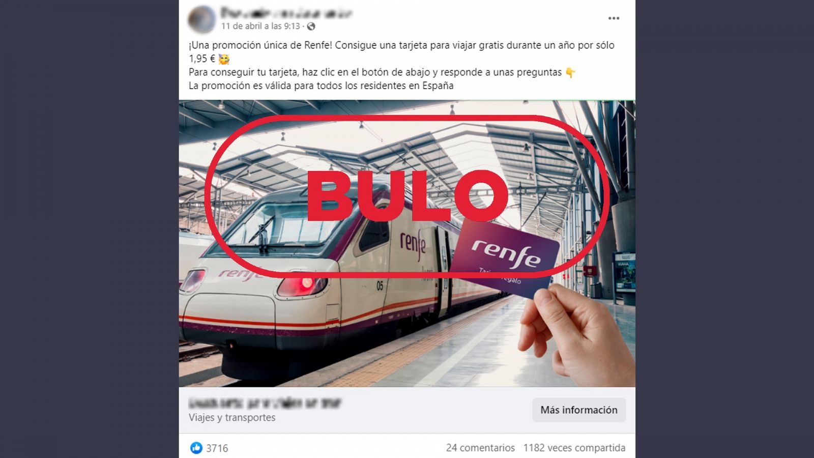 Publicación en Facebook que suplanta a Renfe para publicitar el falso sorteo de una tarjeta para viajar gratis durante un año. Con el sello bulo en rojo.