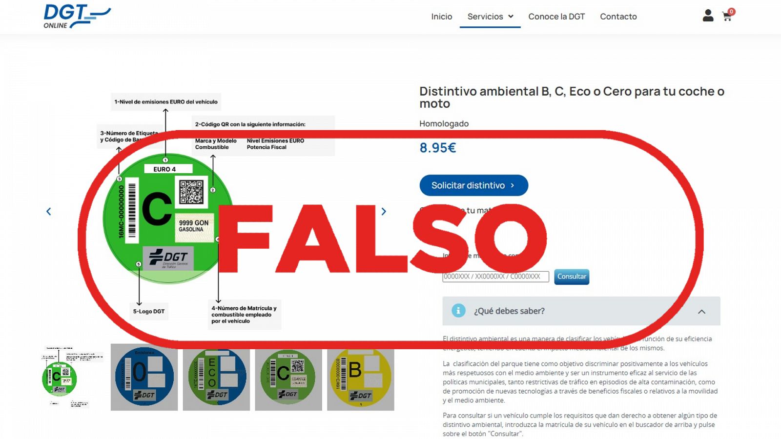 Imagen de la página web que suplanta a la DGT, con el sello 'Falso' en rojo de VerificaRTVE