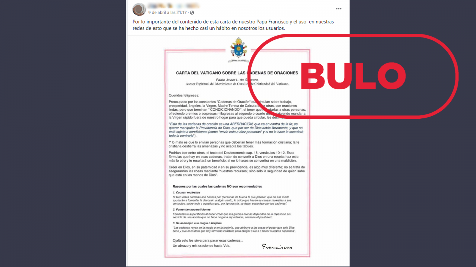 Mensaje de Facebook que difunde el bulo de la carta atribuida al Papa Francisco, con el sello 'Bulo' en rojo