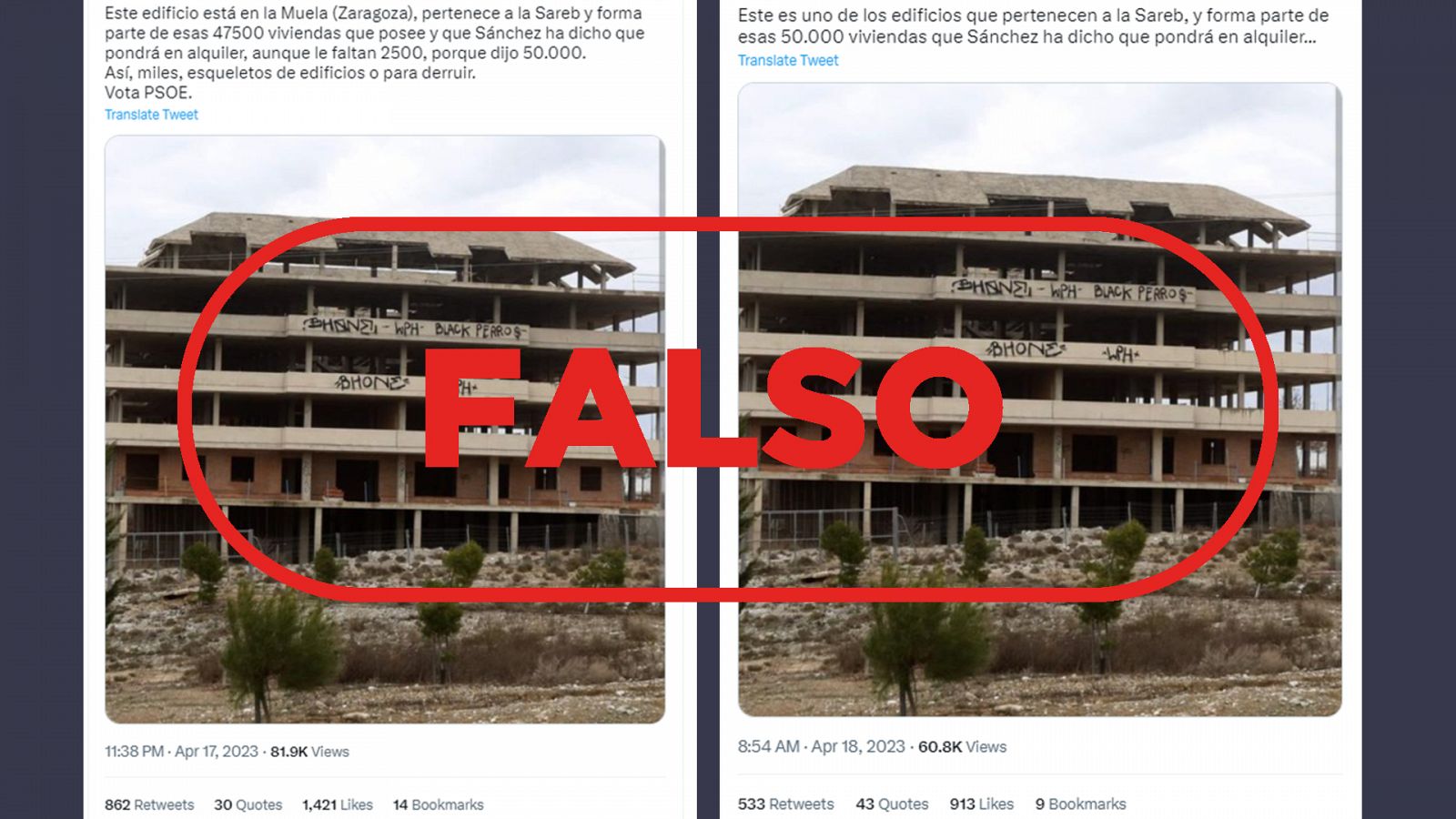 Mensajes de redes sociales que difunden el bulo de que este edificio es uno de los que el Gobierno destinará a alquiler social, con el sello 'Falso' en rojo