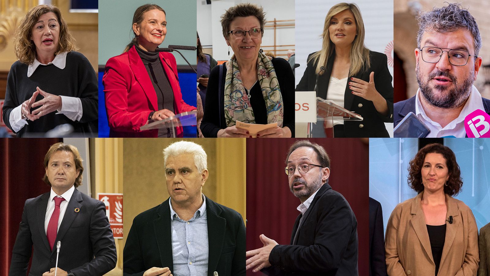 Candidatos en Baleares: Armengol (PSOE), Prohens (PP), Jover (Podemos-IU), Guasp (Cs), Apesteguia (Més per Mallorca), Campos (Vox), Melià (El Pi), Castells (Més per Menorca) y Tur (GxF)