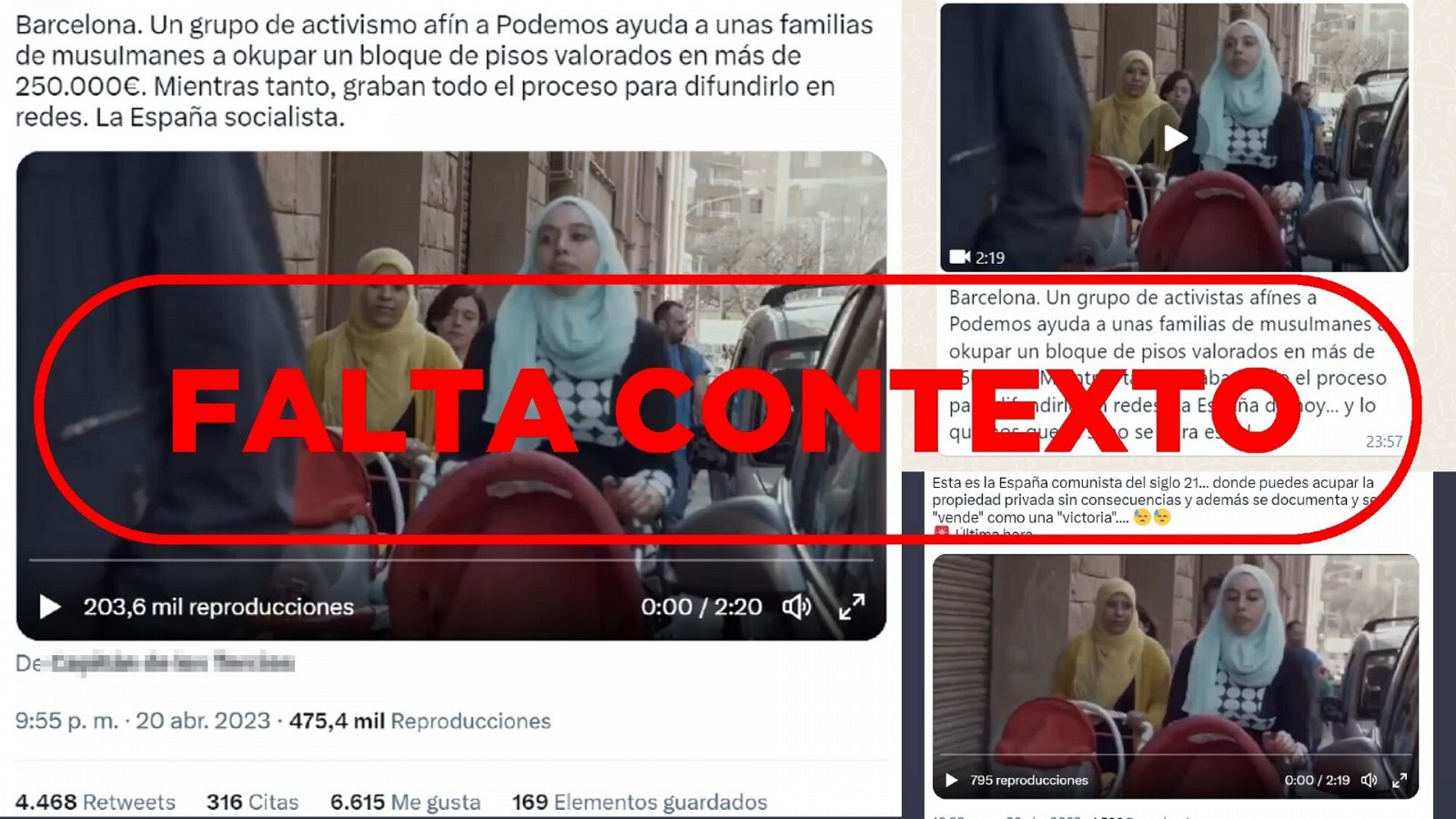 Mensajes en redes que difunden el vídeo de una okupación en Barcelona como si fuera un suceso actual, con el sello 'Falta contexto' en rojo