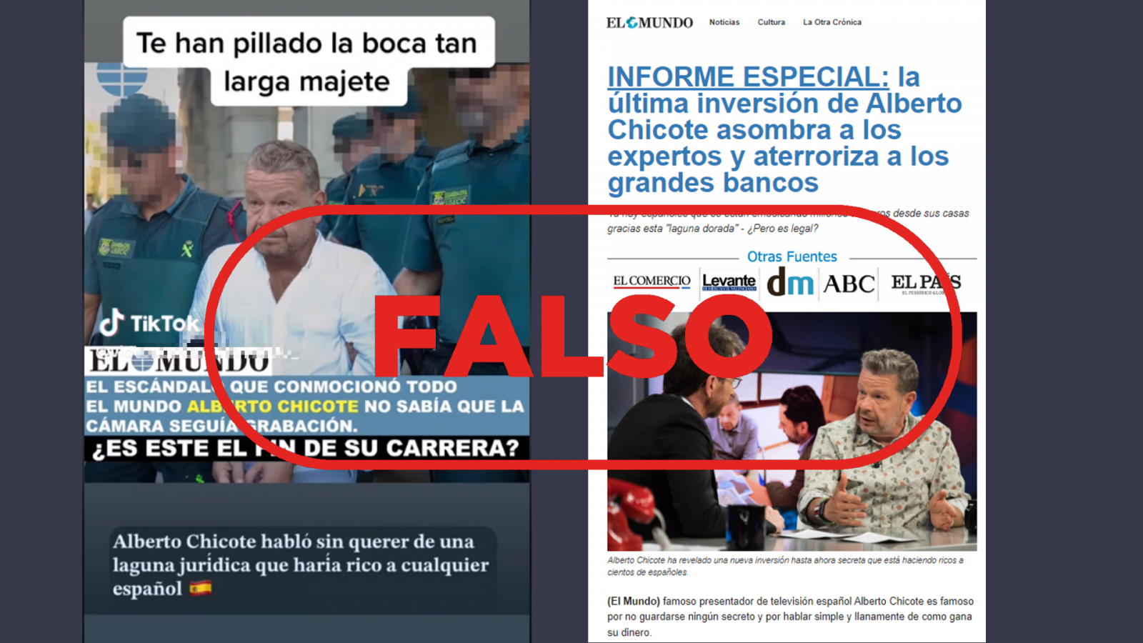 Vídeo de TikTok que comparte el falso arresto de Alberto Chicote junto a la web fraudulenta que suplanta al diario El Mundo, con el sello 'Falso' en rojo