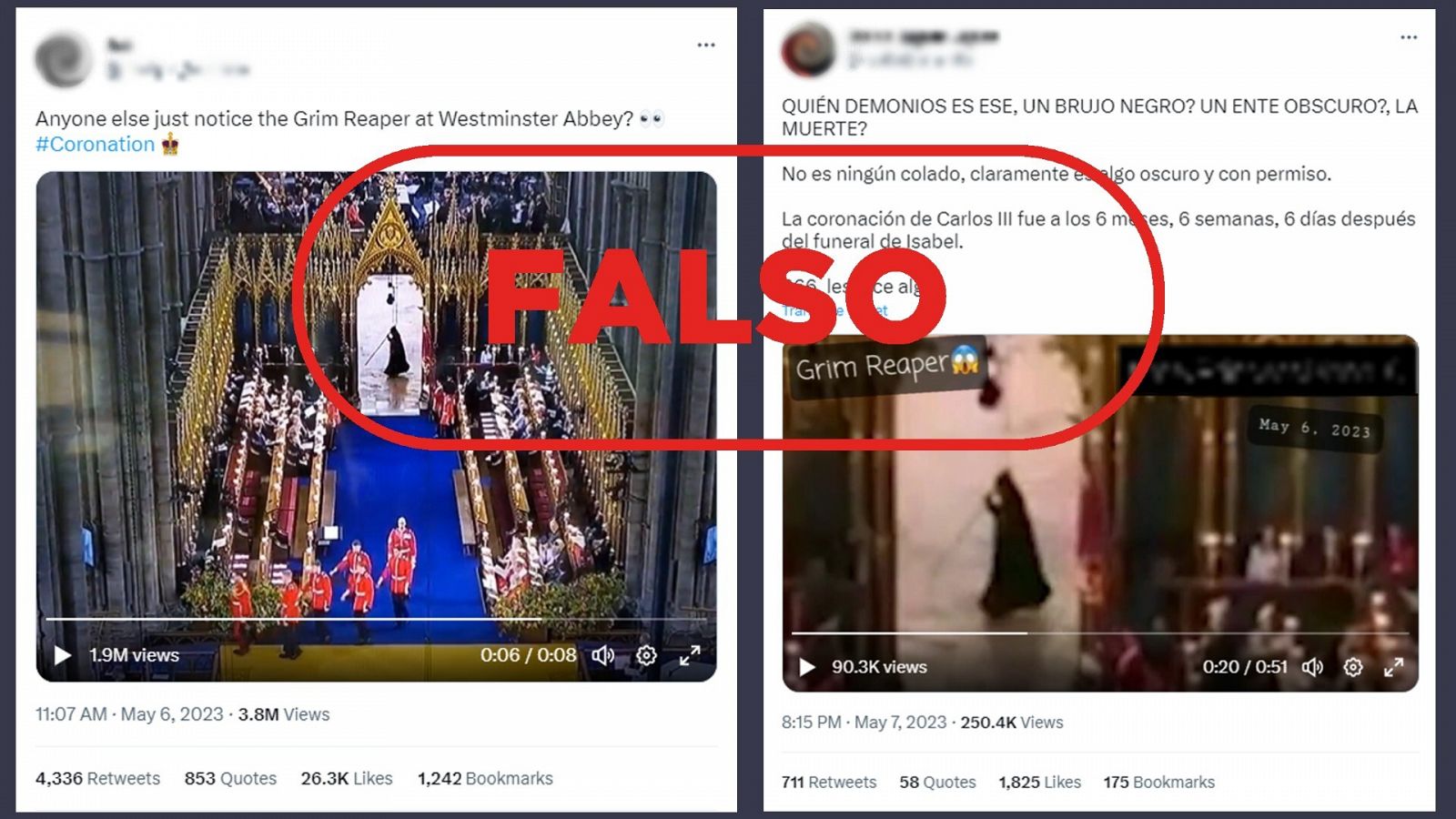 Tuits que difunden la falsa idea de una aparición de "la muerte" durante la retransmisión de la coronación del rey Carlos III. Con el sello falso en rojo.