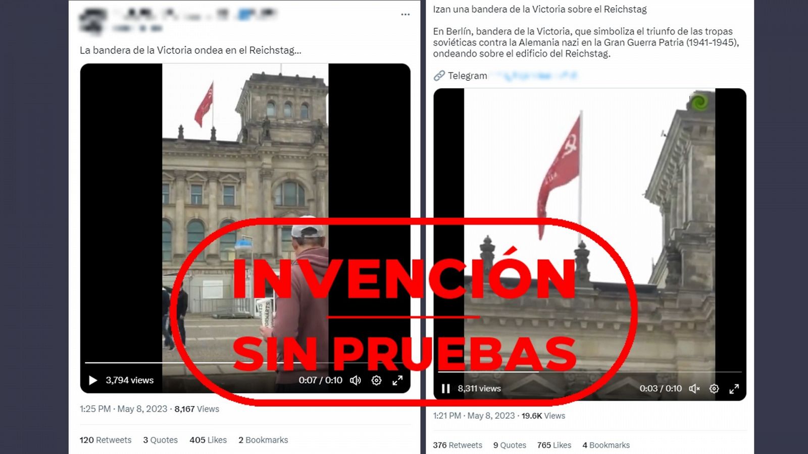 Tuits que difunden el vídeo de la bandera soviética sobre el Reichstag alemán. Con el sello Invención sin pruebas en rojo.