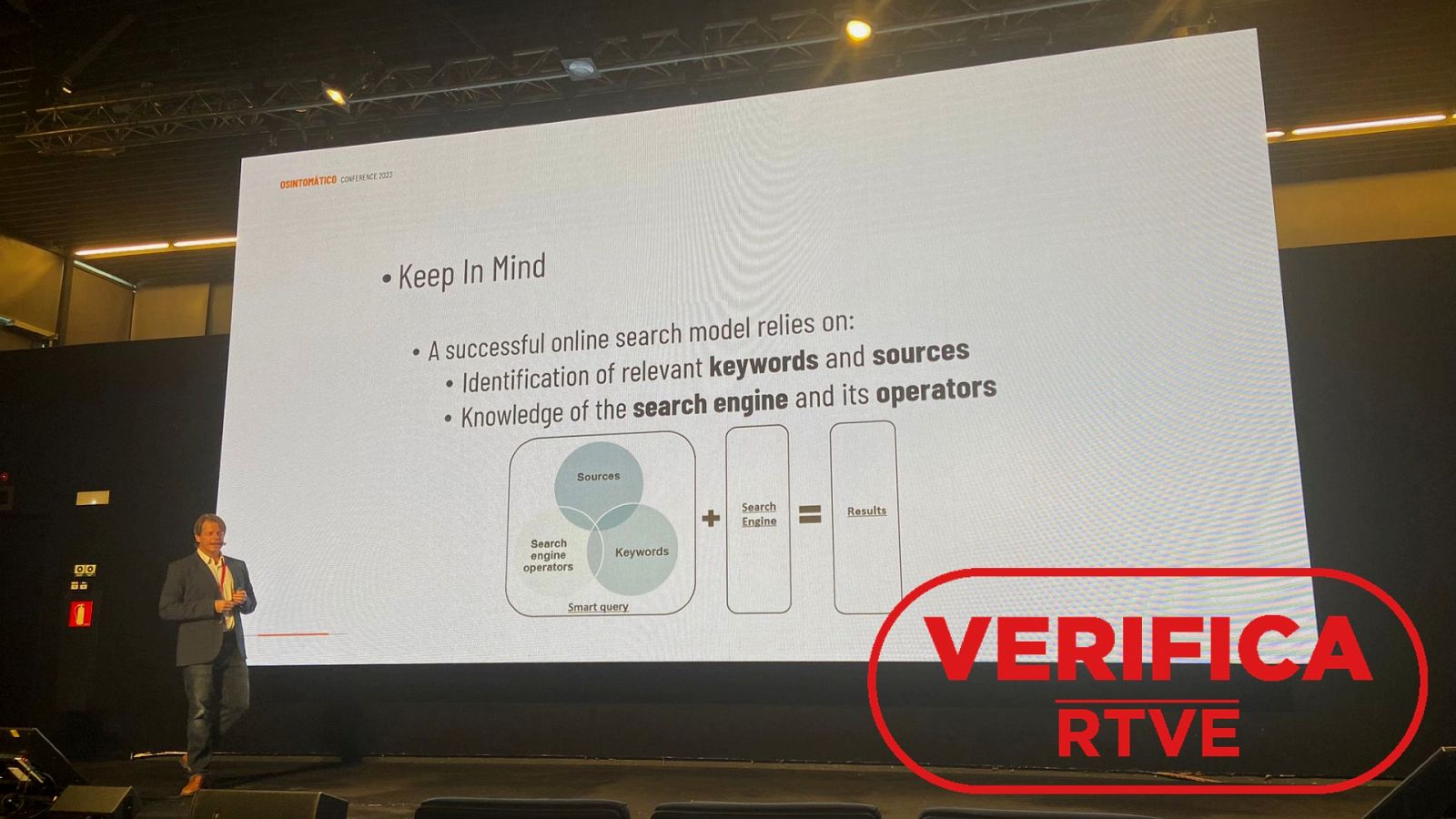 Claves y consejos para investigar en Internet en idiomas extranjeros. Fotografía de Skip Schiphorst en Osintomático Conference con el sello VerificaRTVE en rojo.