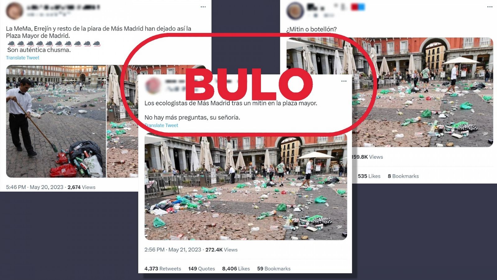 Tuits que difunden las imágenes de la basura tirada en la Plaza Mayor tras el paso de los aficionados del Celtic el 2 de noviembre de 2022 como si fueran actuales. Con el sello bulo en rojo.