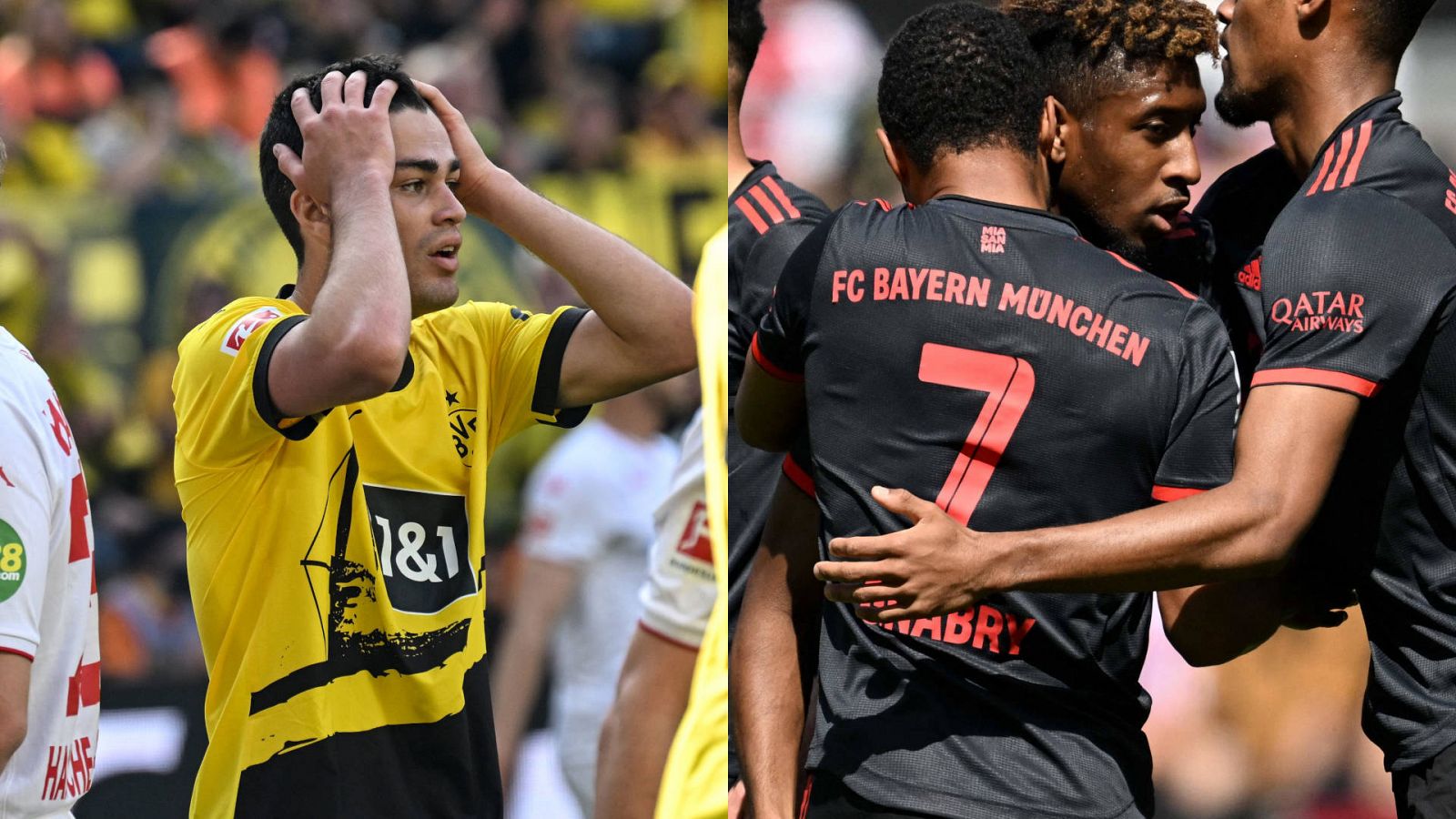 El jugador del Dortmund Giovanni Reyna se lleva las manos a la cabeza. A la derecha, los jugadores del Bayern celebran un gol en la última jornada de la Bundesliga