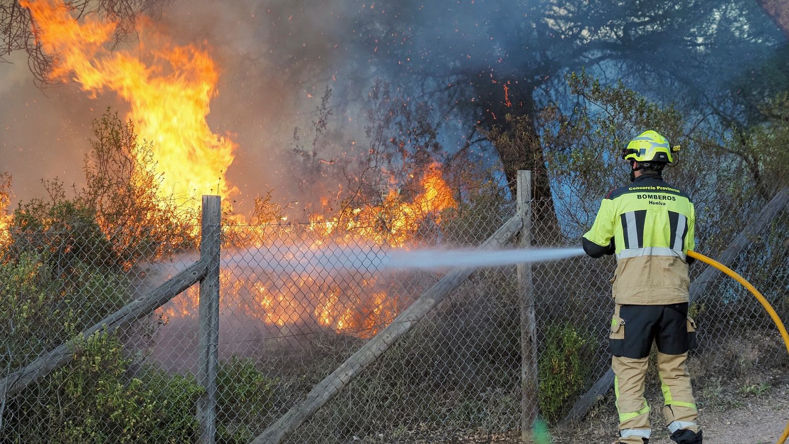 Un bombero trabaja en la extinción de un incendio forestal en la Laguna de El Portil, en Punta Umbría, Huelva