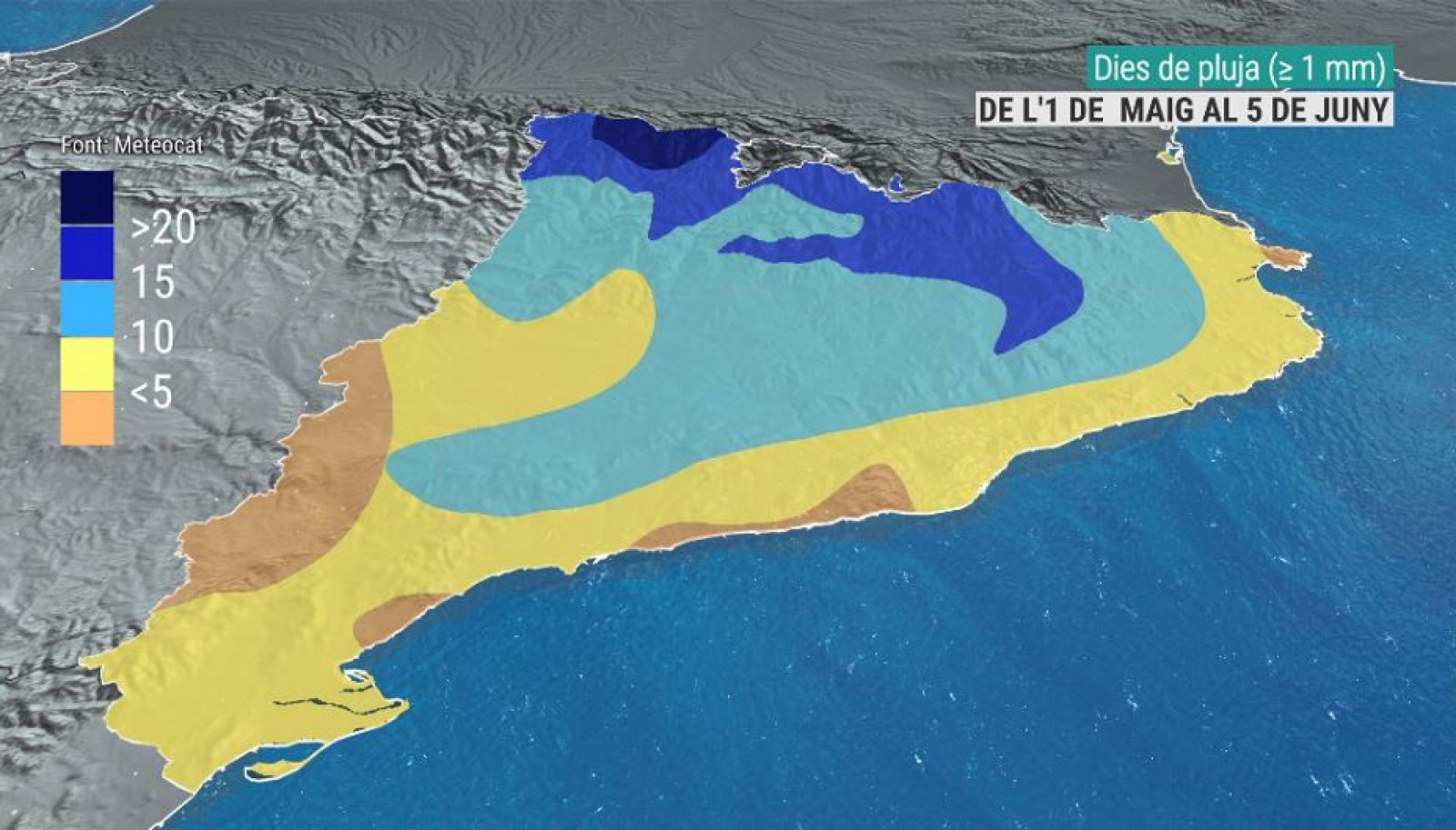 Ratxa de ruixats a Catalunya entre l'1 de maig i el 5 de juny de 2023