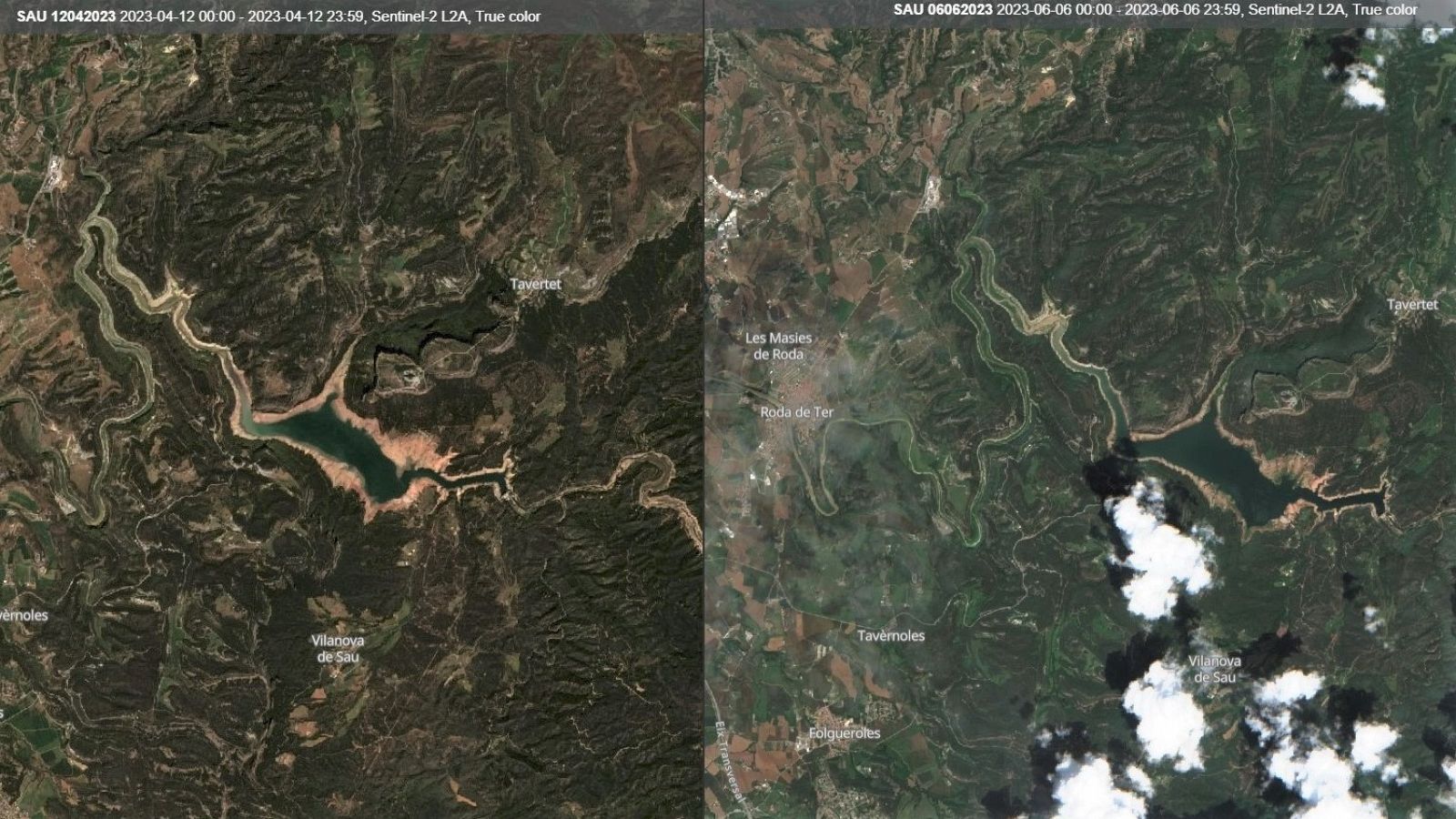 Comparativa del pantà de Sau entre el maig i el juny vista de satèl·lit (Sentinel-2)