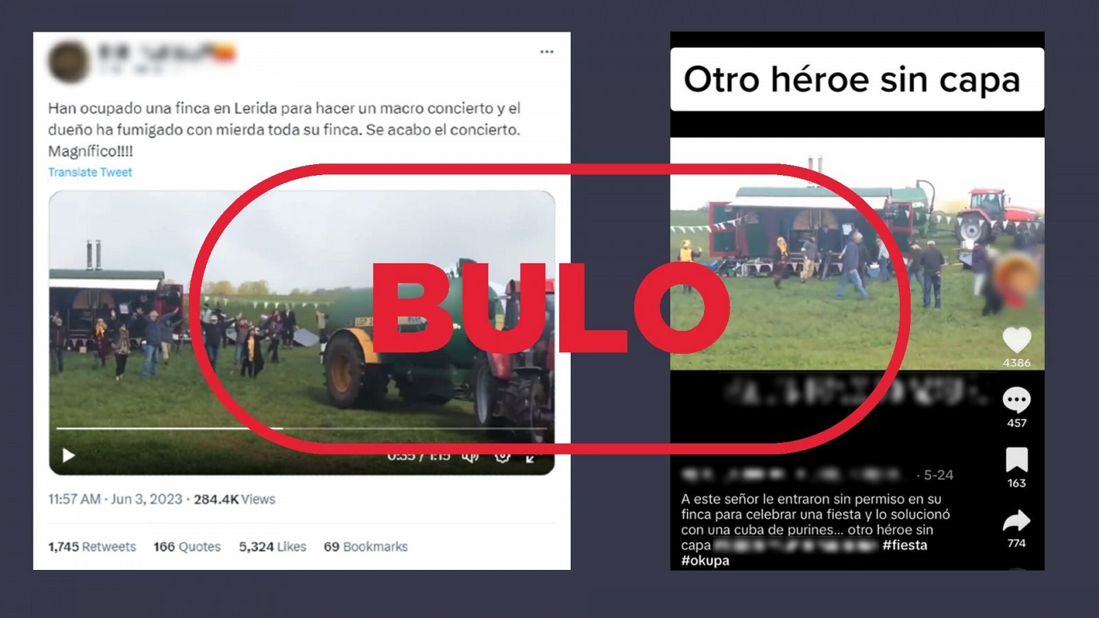 Mensajes de redes que presentan un vídeo como si correspondiera a una macrofiesta okupa en Lleida, con el sello bulo en rojo de VerificaRTVE