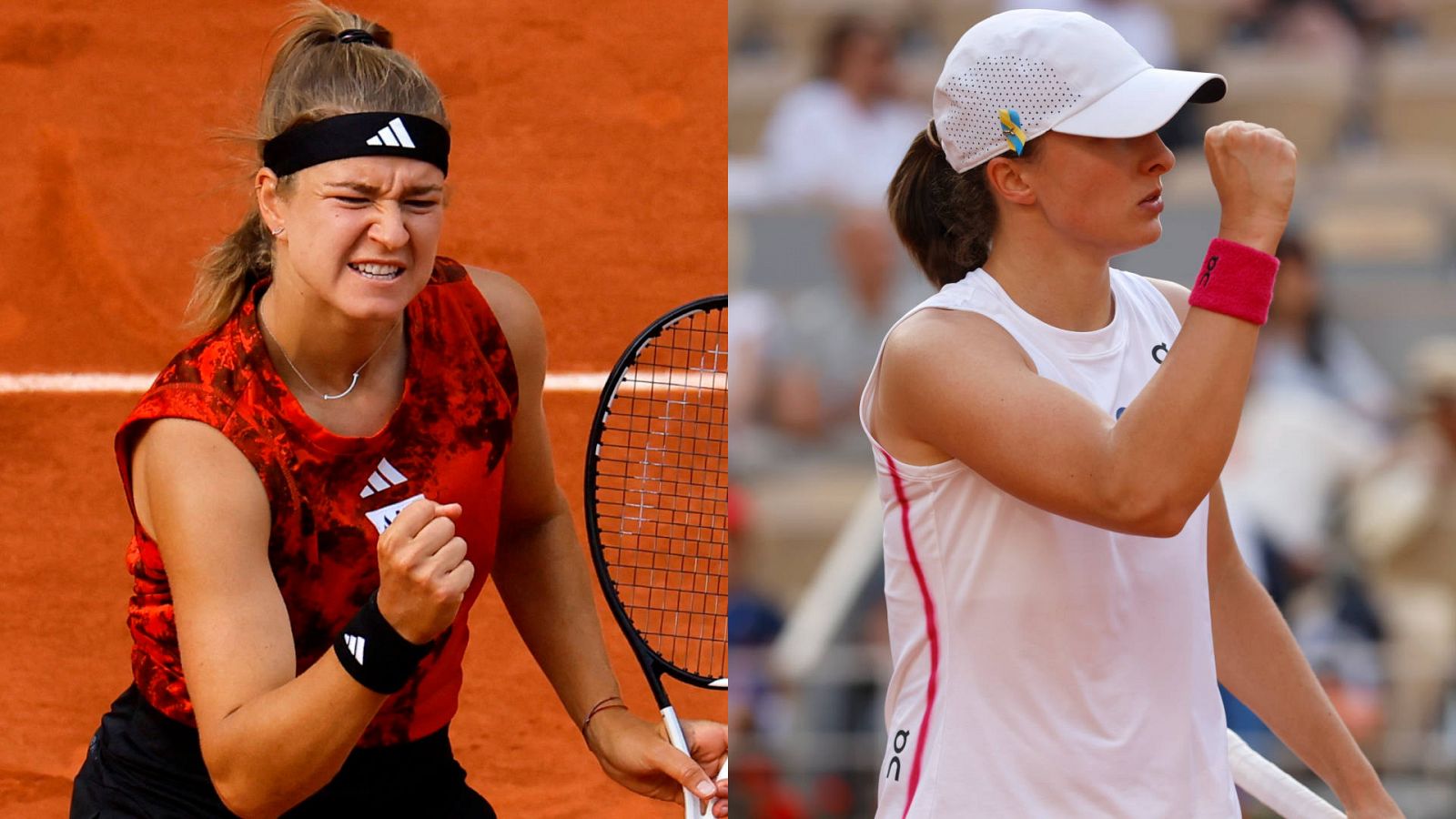 Karolina Muchova (i) e Iga Swiatek hacen gestos de celebración en sus respectivas semifinales de Roland Garros