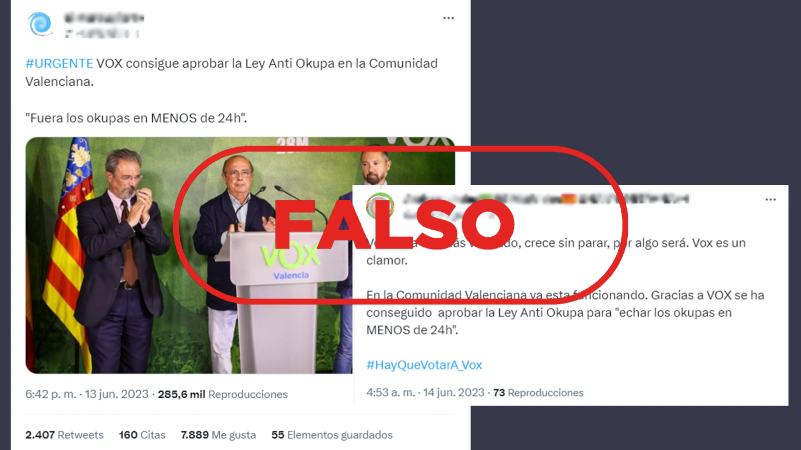 Mensajes de Twitter que difunden la falsa idea de que en la Comunidad Valenciana se ha aprobado una ley para "echar a los okupas en menos de 24 horas", con el sello Falso en rojo