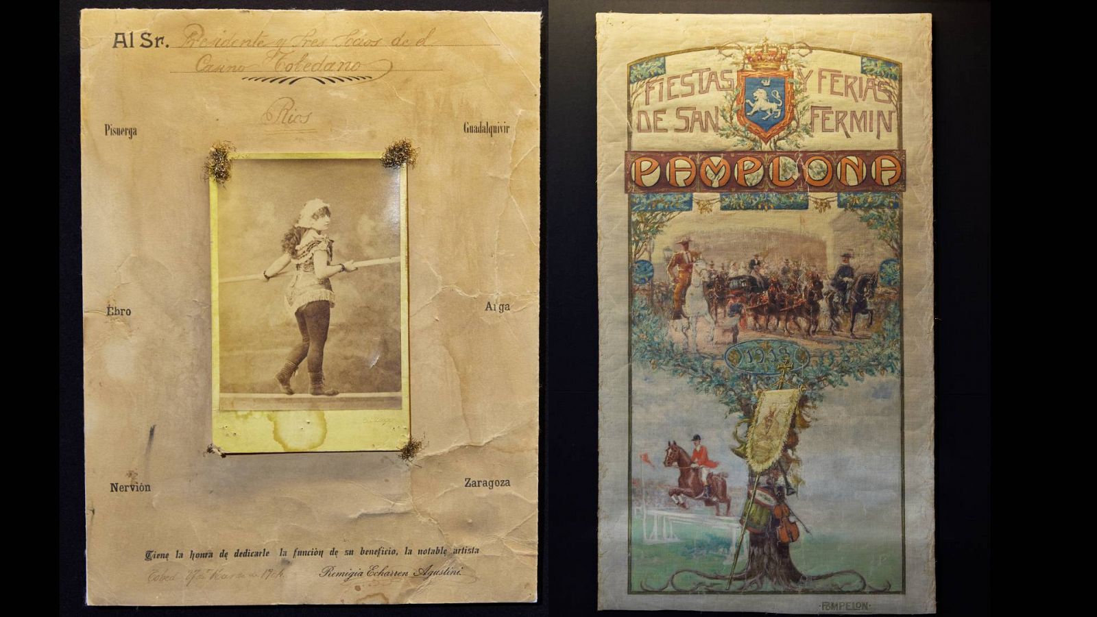A la izquierda la imagen de Remigia Echarren, la Reina del Arga y a la derecha el boceto de un cartel de San Fermín de 1913