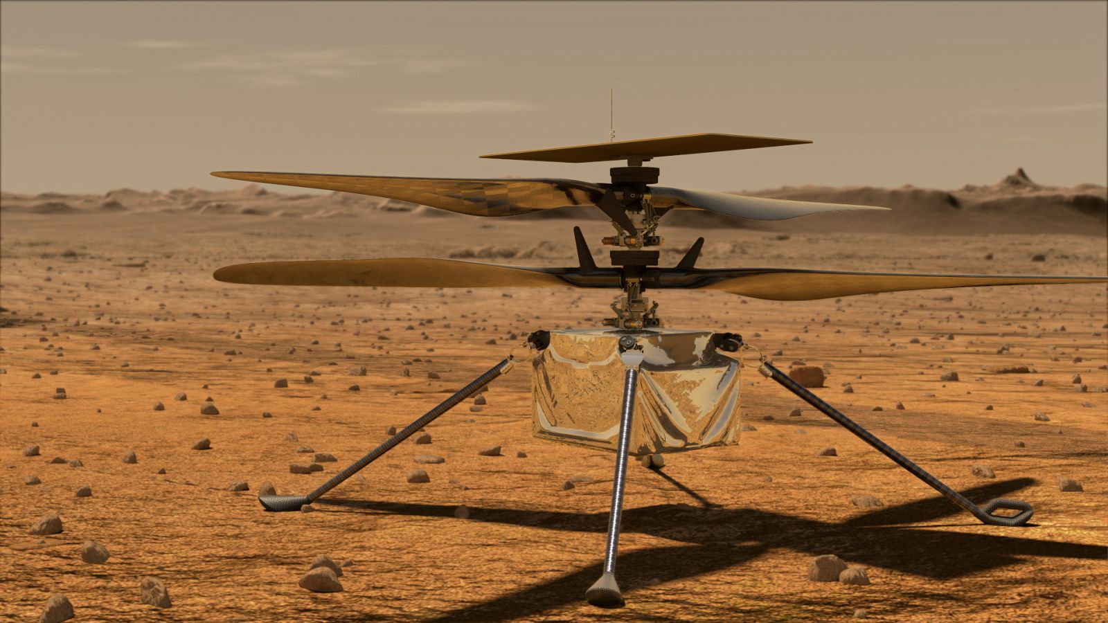 Representación artística del helicóptero Ingenuity sobre la superficie de Marte.