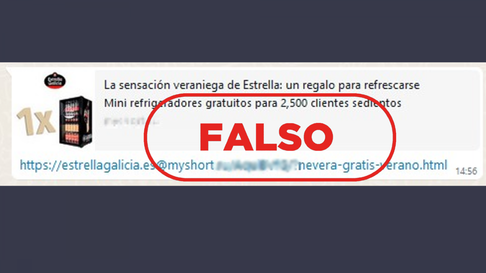 Mensaje fraudulento que suplanta a Estrella Galicia para ofrecer un falso sorteo de mini neveras con cerveza, con el sello falso de VerificaRTVE en rojo