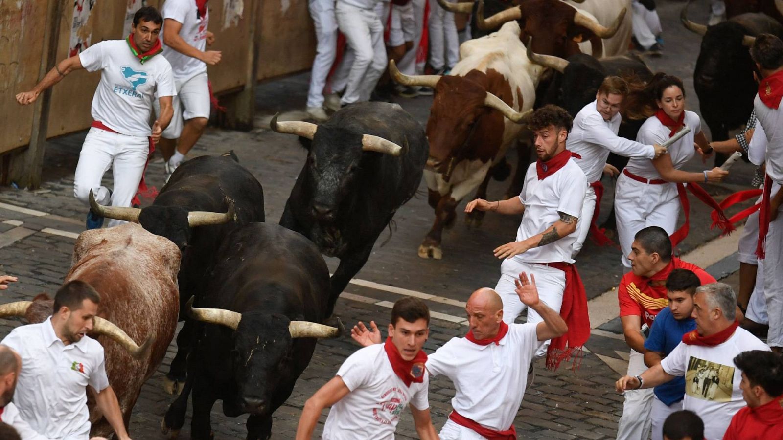 Los participantes corren delante de los toros durante el "encierro" de las fiestas de San Fermín en Pamplona