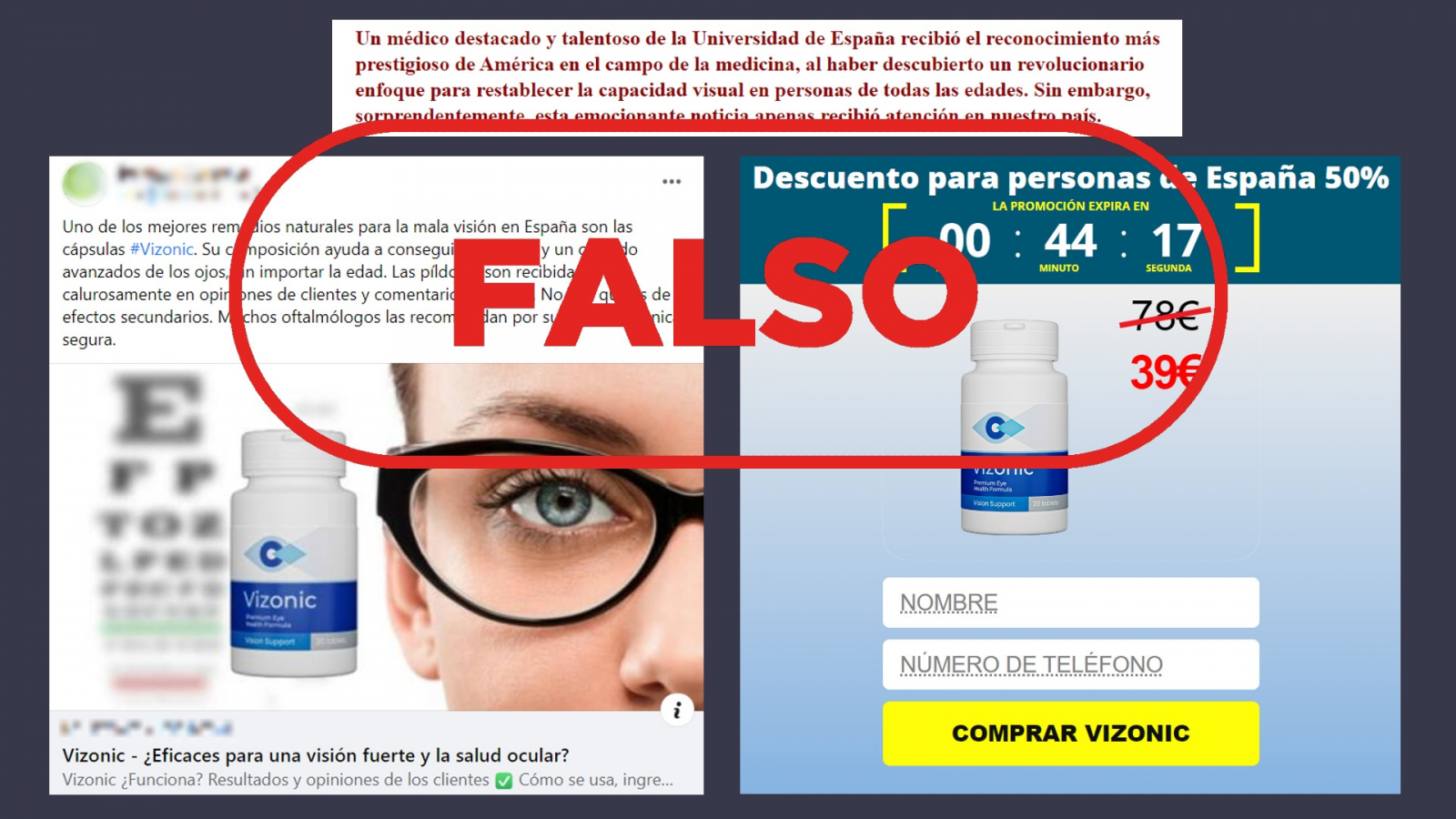El falso medicamento Vizonic promocionado en Facebook y en una página web. Con el sello falso en rojo.