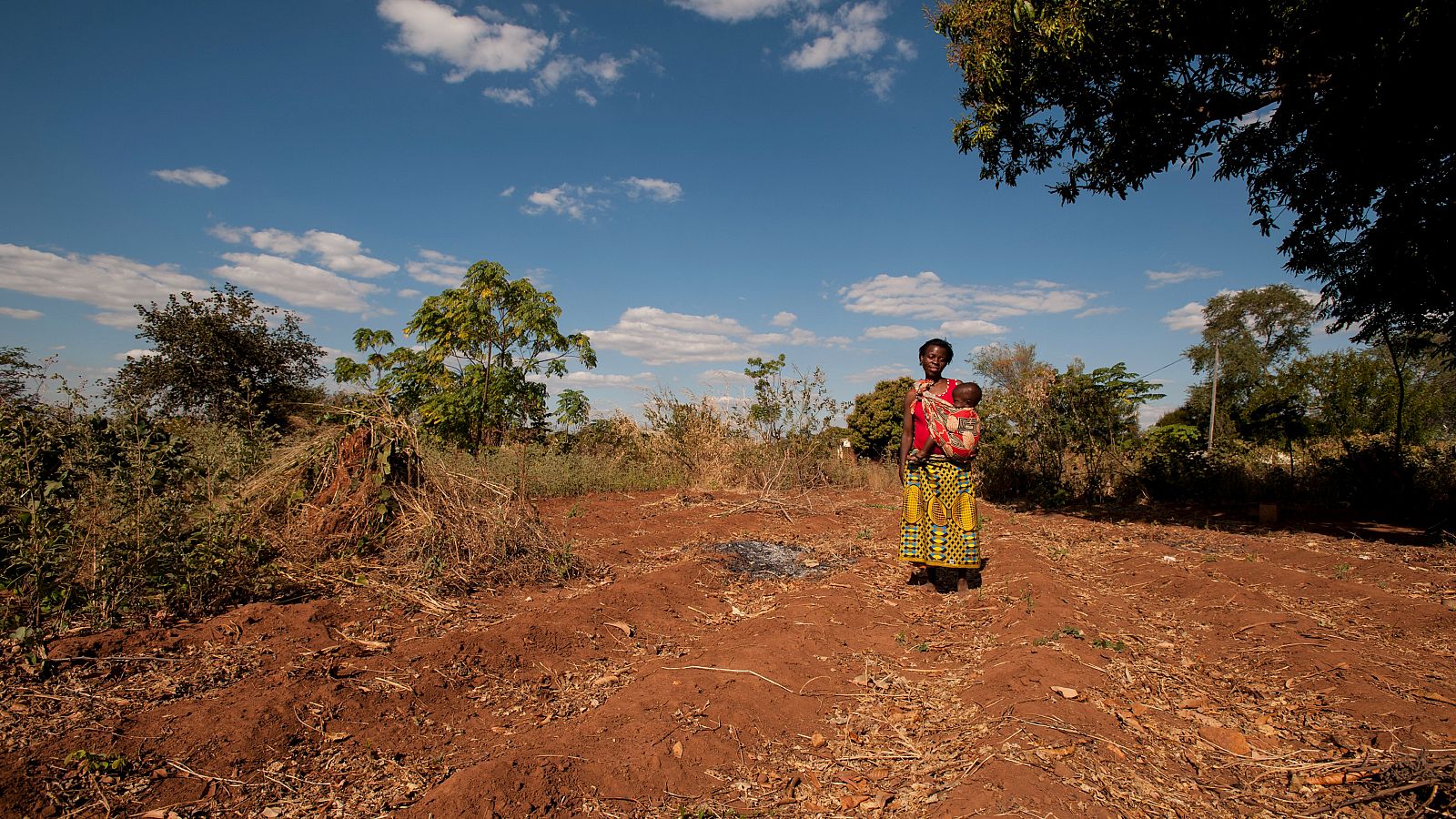 Alinafe, de 30 años, junto a su hija menor, Desire, de 2, en su campo seco y sin cultivos debido a la sequía, en el distrito de Balaka, en Malaui